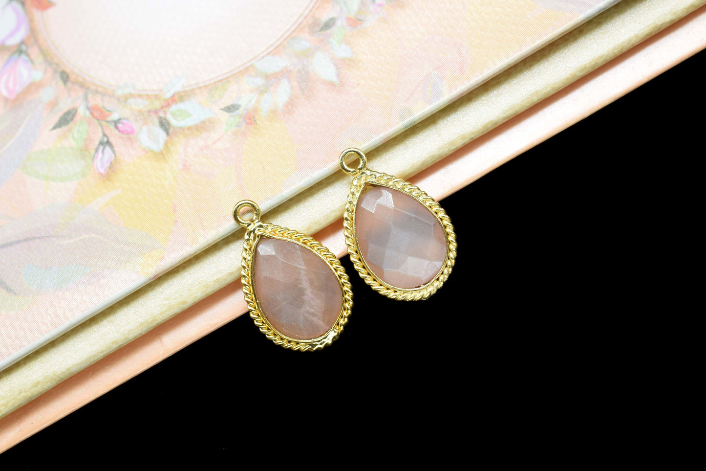 Peach Moonstone 10x14mm Teardrop Shape Charms Pendant,Peach Moonstone Single Bail PendanPeach Gemstone Gold Plated bezelt Jewelry,Gift
