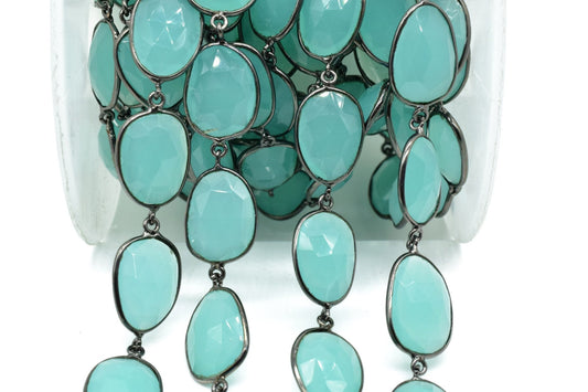 Aqua Chalcedony Bezel Connector Chain,Free form Size Faceted Gemstone Connector Chain,Handmade Bezel Link Chain,Gold Plated Bezel Link Chain