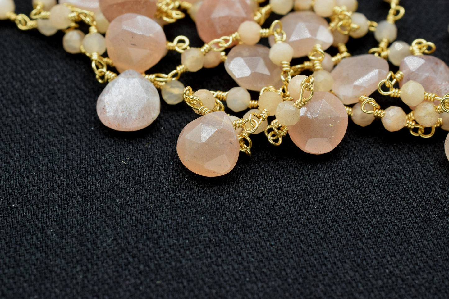 Peach Moonstone Beads Rosary,Silver Plated,Wire Wrapped link Stone Rosary,Heart Shape Briolette Chain, New Style Rosary,moonstone rosary,