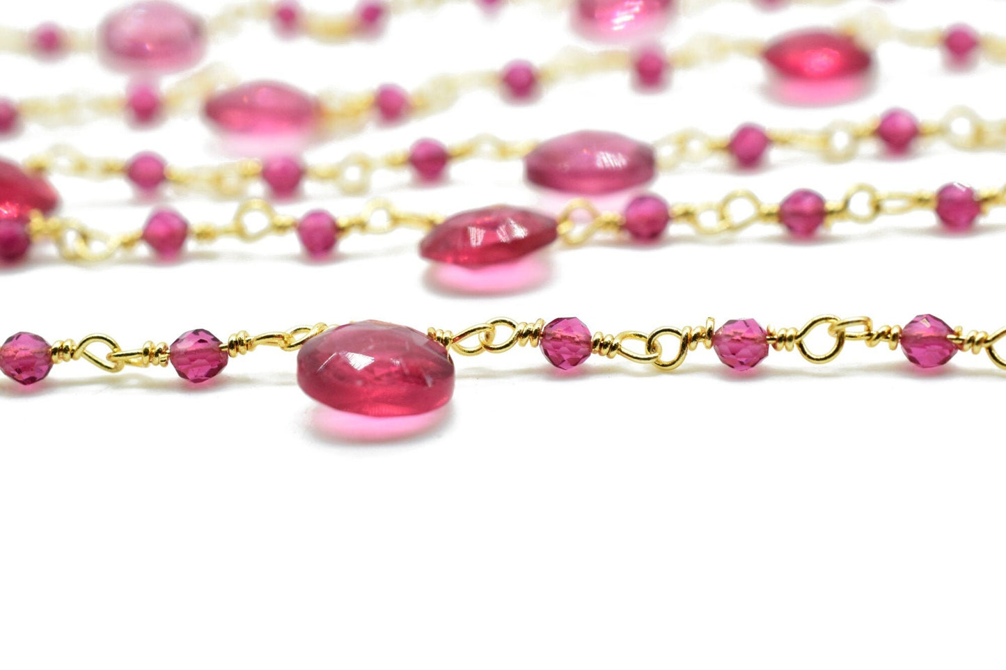 Pink Tourmaline 2mm Beaded & Heart shape Chain,Beaded Wire Wrapped Fuchsia Diamond Cut Gemstone Beads,Faceted Rosary Chain,Gems Rosary Style