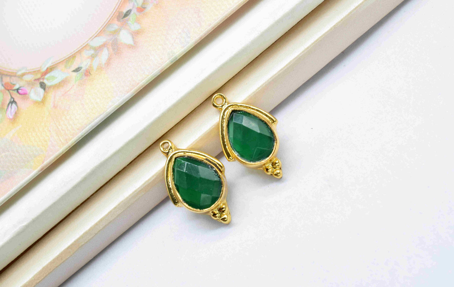 Green Onyx 9x13mm Bezel Connectors,Green Onyx Faceted jewelry making charm,Single bail connnectors,Green Onyx Gemstone Teardrop bezel,Gift