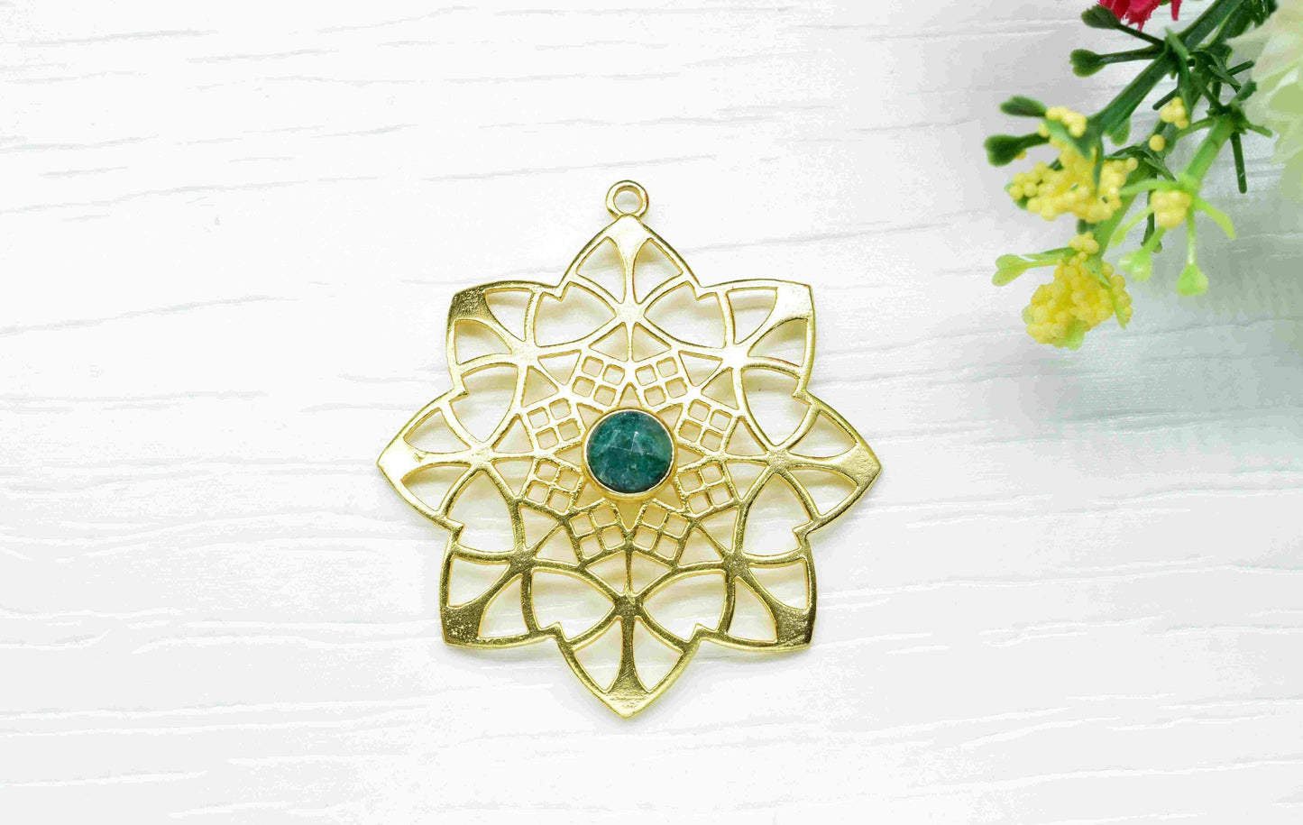 Emerald  Gemstone Component, Single Bail Charm , Emerald  Connector Pendant , Gold Plated Connectors , Pendant Jewelry , Earring Component