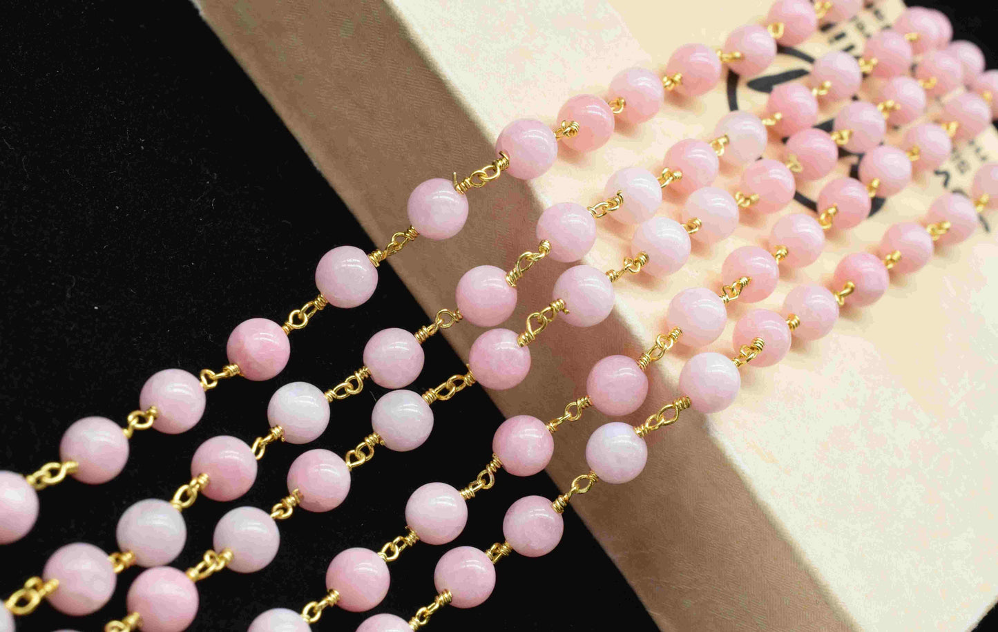 Pink Opal 6mm Smooth Beads Rosary Chain,Pink Opal Smooth Beads Chain,Pink Opal Gemstone Beaded Chain,Pink Opal Gold Plated Beaded Chain,Gift