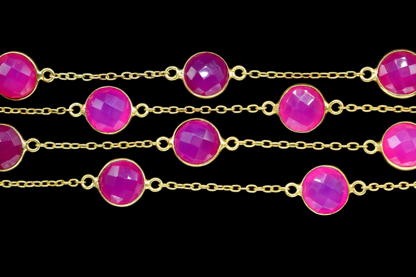 Natural Pink Chalcedony Rosary Bezel Connector Chain/Continuous Chain 10 MM connector Chain for jewelry, Gold Plated Rosary Style,gemstone