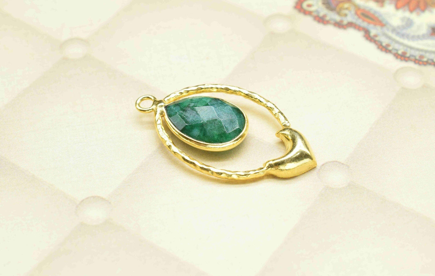 Emerald  Pear Shape Pendant , Emerald  Single Bail Pendant , Multi Gemstone Charms , Gold Plated Gemstone Connectors , Summer Collection