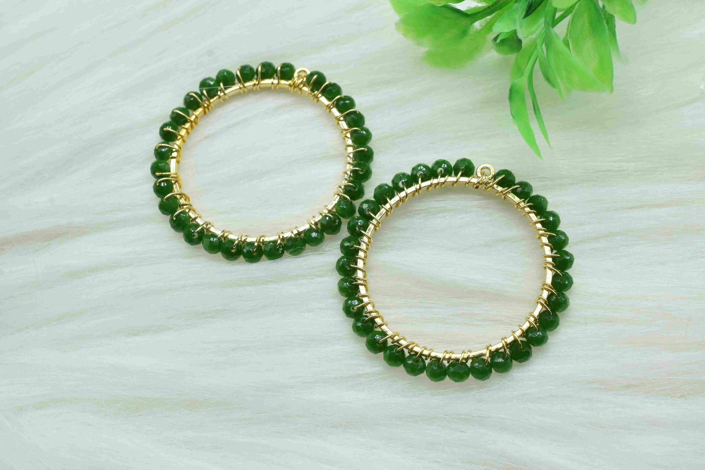 Natural Emerald Beaded Hoops Earring, Circle Pendant Component, Wire Wrapped Dangle Connector, Handmade Earring,Findings Component Jewelry