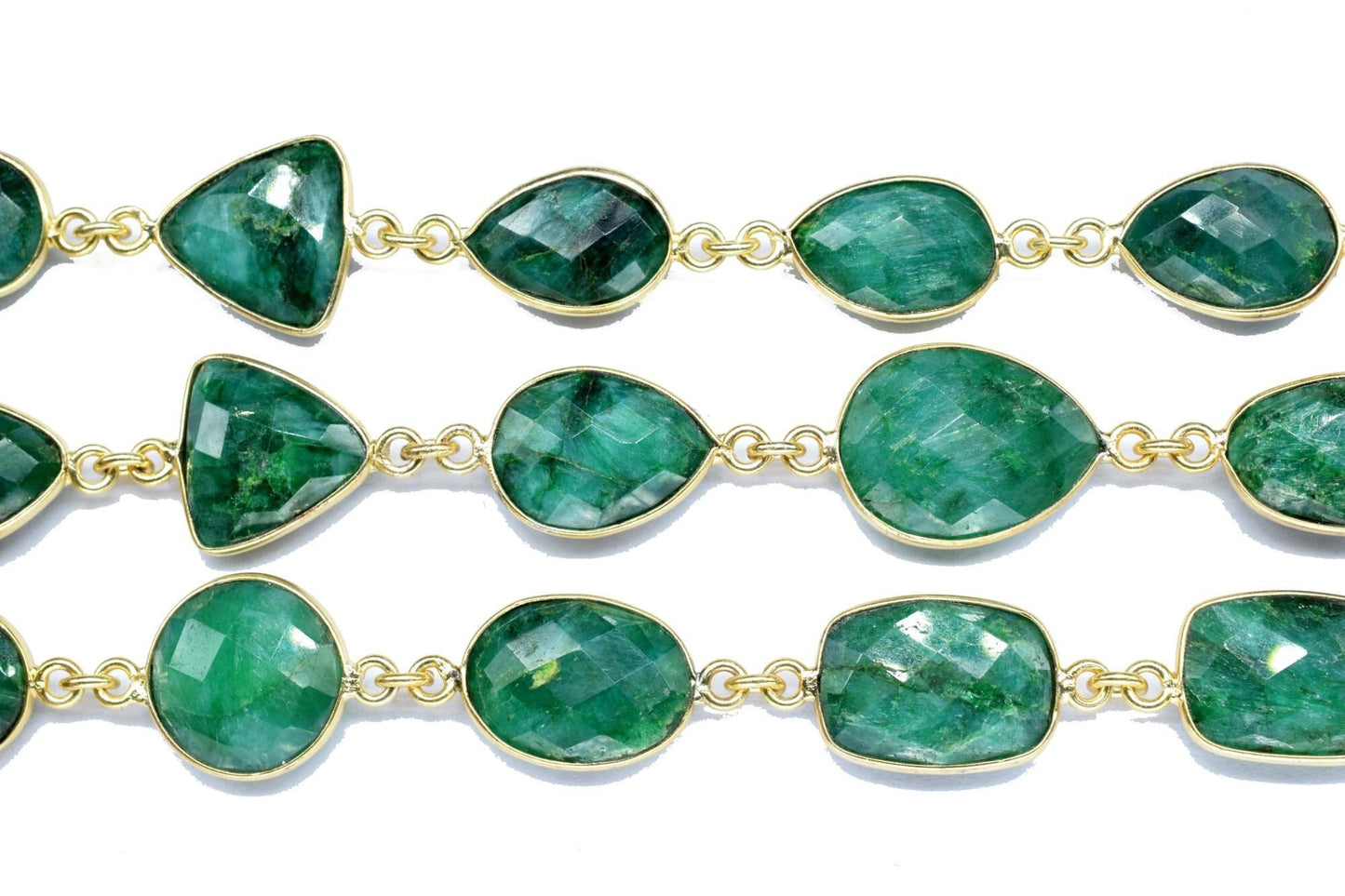 Natural Emerald Faceted Connectors, Gold Bezel Chain, Free Size Gemstone Connector, Handmade Station Bezel Link Chain, Emerald Bezel Jewelry