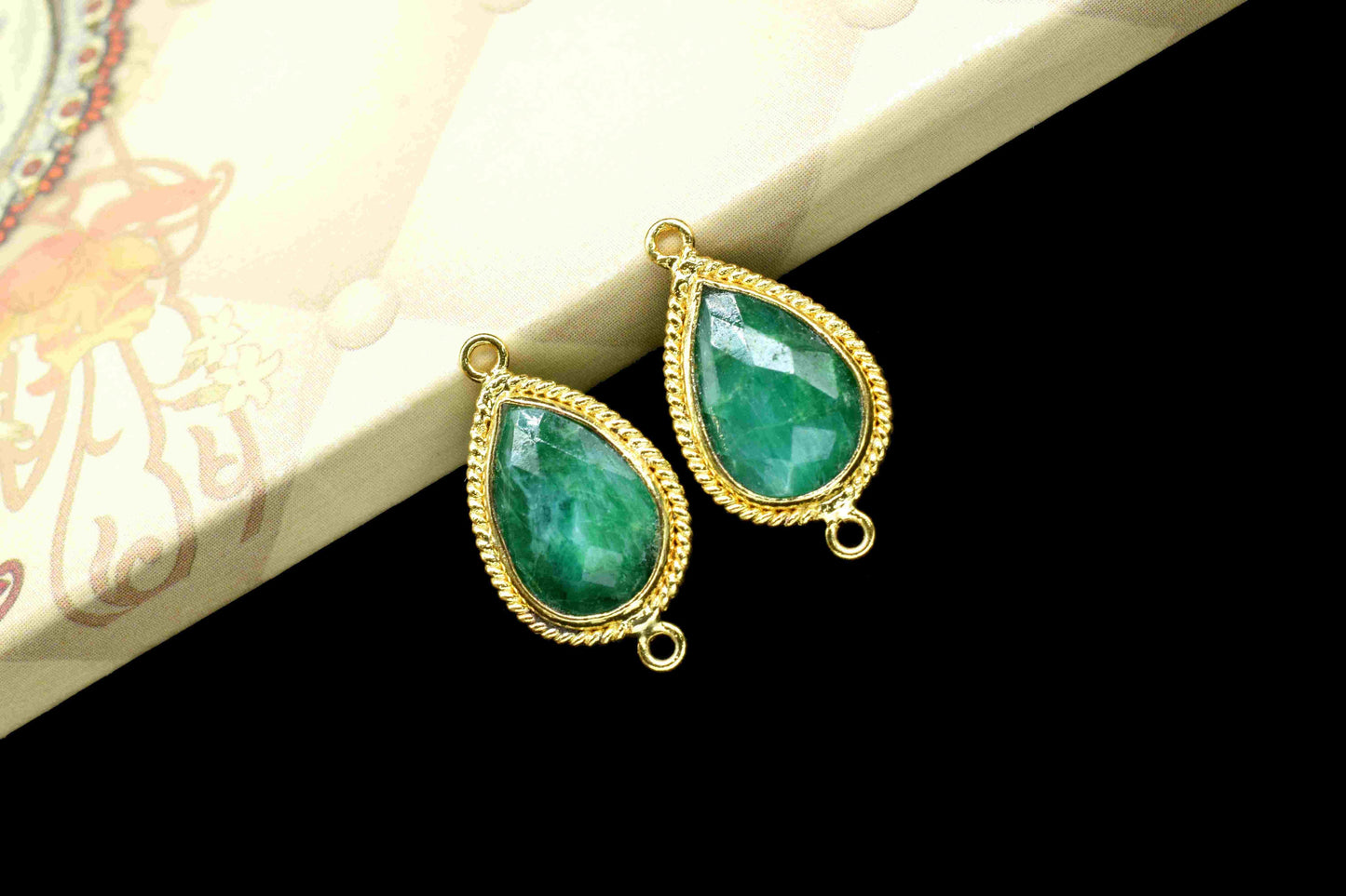 Emerald 9x13mm Gemstone Connector,Pear Shape Bezel,Emerald Gemstone Single Bail Connectors Jewelry,Gold Plated Charms Connectors,Charms Gift