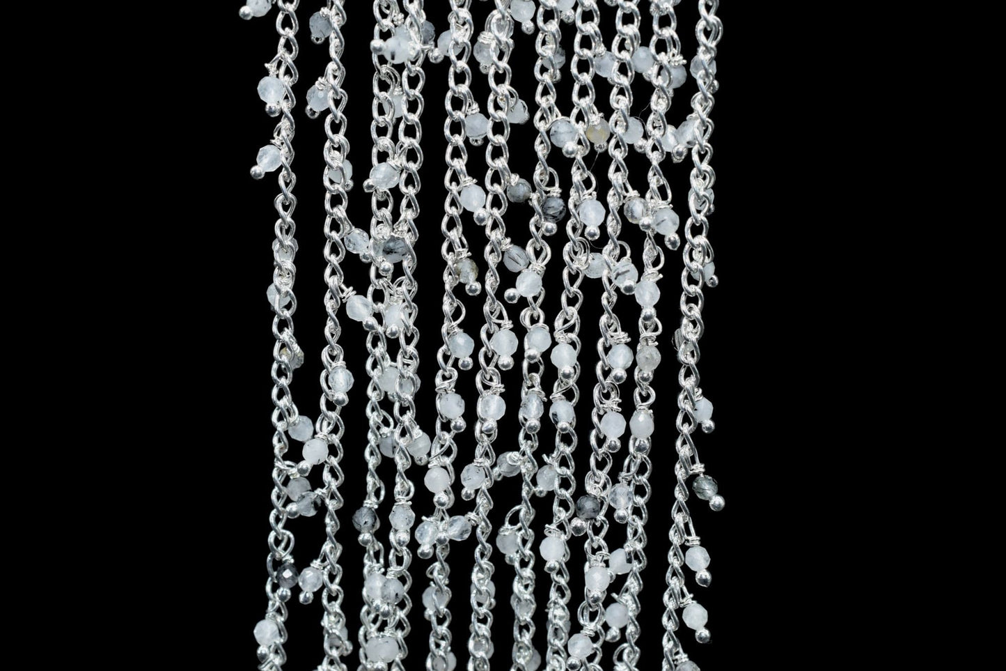 Black rutile 2mm Beaded Chain,Black Rutile Gemstone Rosary Chains, Tourmalated Quartz 3mm Faceted Beads,Rutile Wire Wrapped Rosary Chains