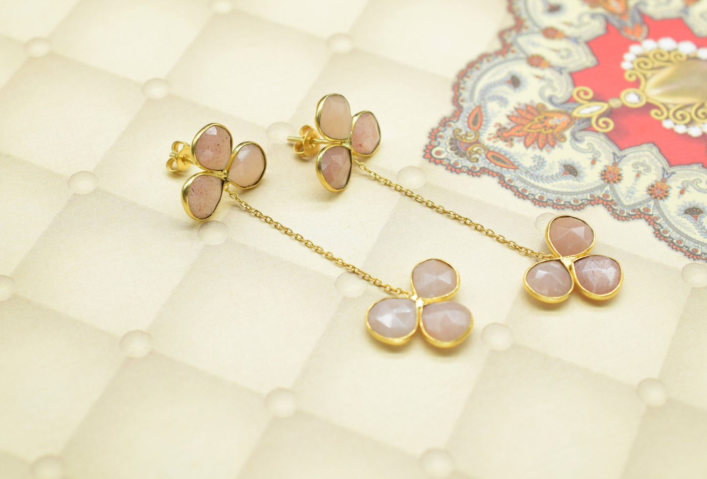 Peach Moonstone Earring/Bridal Earring/Gold Plated Earring/Dangle Earring/Gold Plated Jewelry/Statement Earrings For Bridal/Bridesmaids