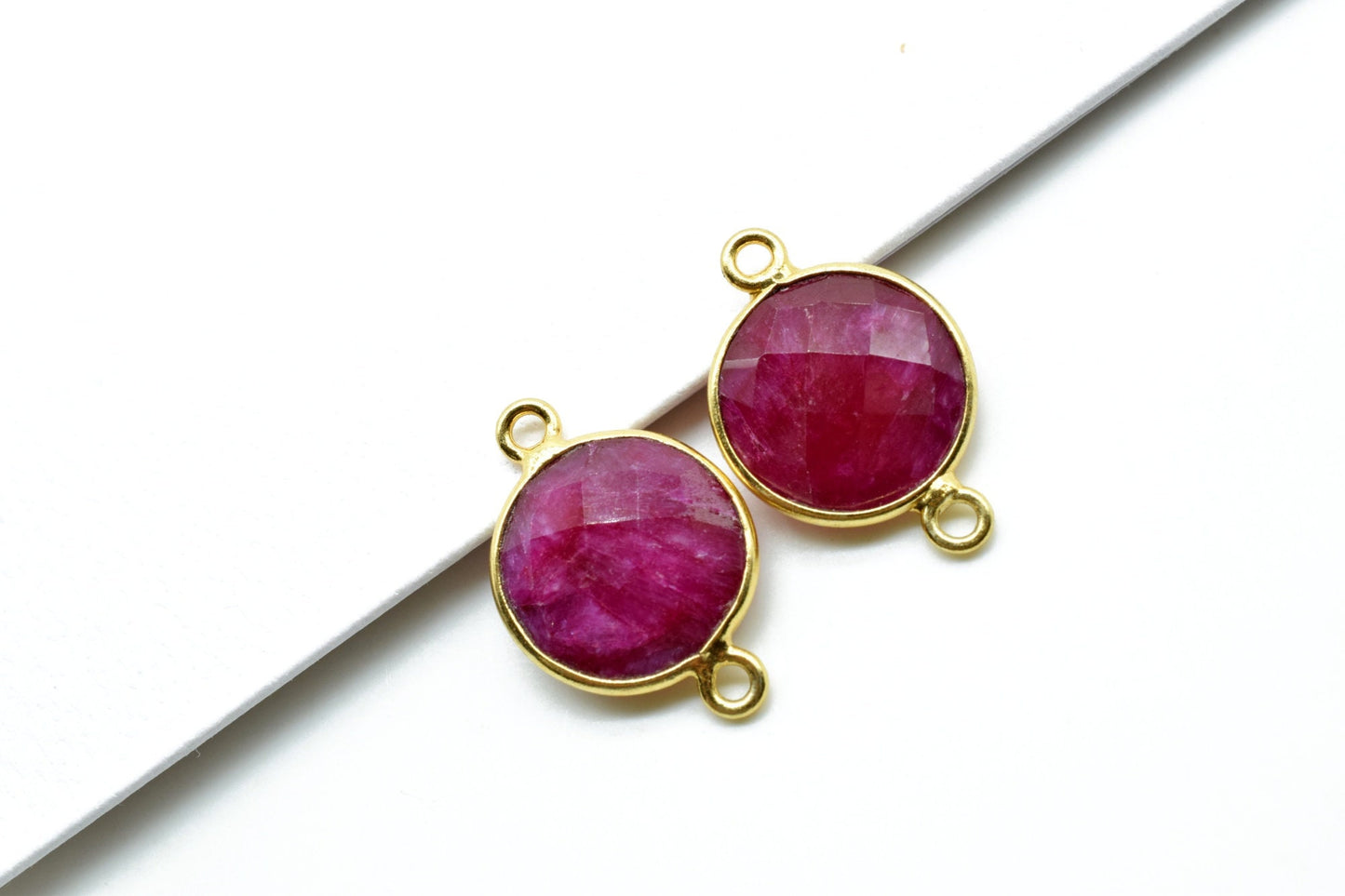Ruby 12mm Round double bail connectors,Ruby Pendant,Ruby Round Gold Plated bezel,Ruby double loop connector,Ruby jewelry making charm,Ruby