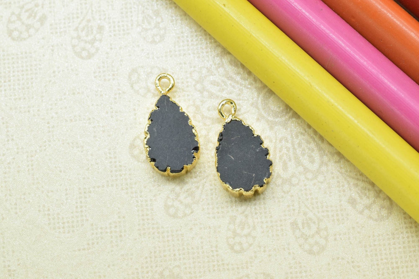 Black Onyx Pendant Charms,Handmade Cabechon Pendant,Necklace Connectors,Charms Jewelry,Gemstone Electroplated,Teardrop Single Bail Connector