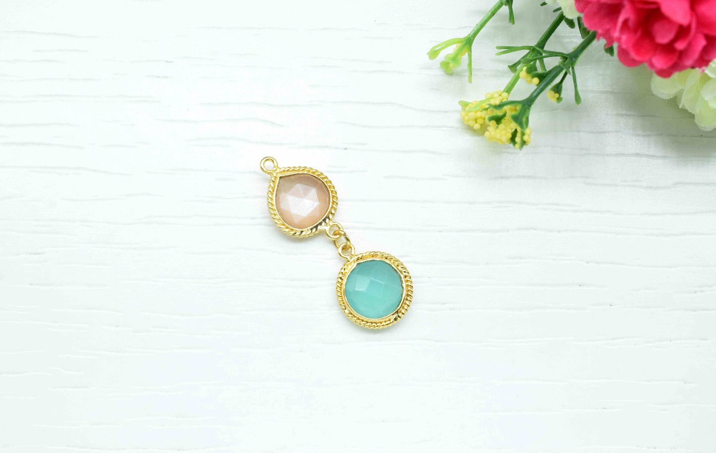 Peach Moonstone  Pendant Charms , Aqua Chalcedony  Dangle Earring Component , Multi Gemstone Dangle Earring , Component Jewelry , B'day Gift