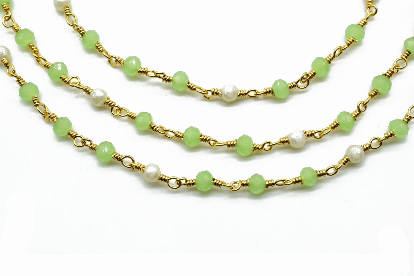 CHrysoprase faceted Rosary Style Beaded Chain -Chrysoprase 3mm Beads wire wrapped chain ,Gold Rosary Long Layering Necklace,pearl rosary
