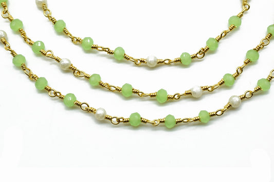 CHrysoprase faceted Rosary Style Beaded Chain -Chrysoprase 3mm Beads wire wrapped chain ,Gold Rosary Long Layering Necklace,pearl rosary