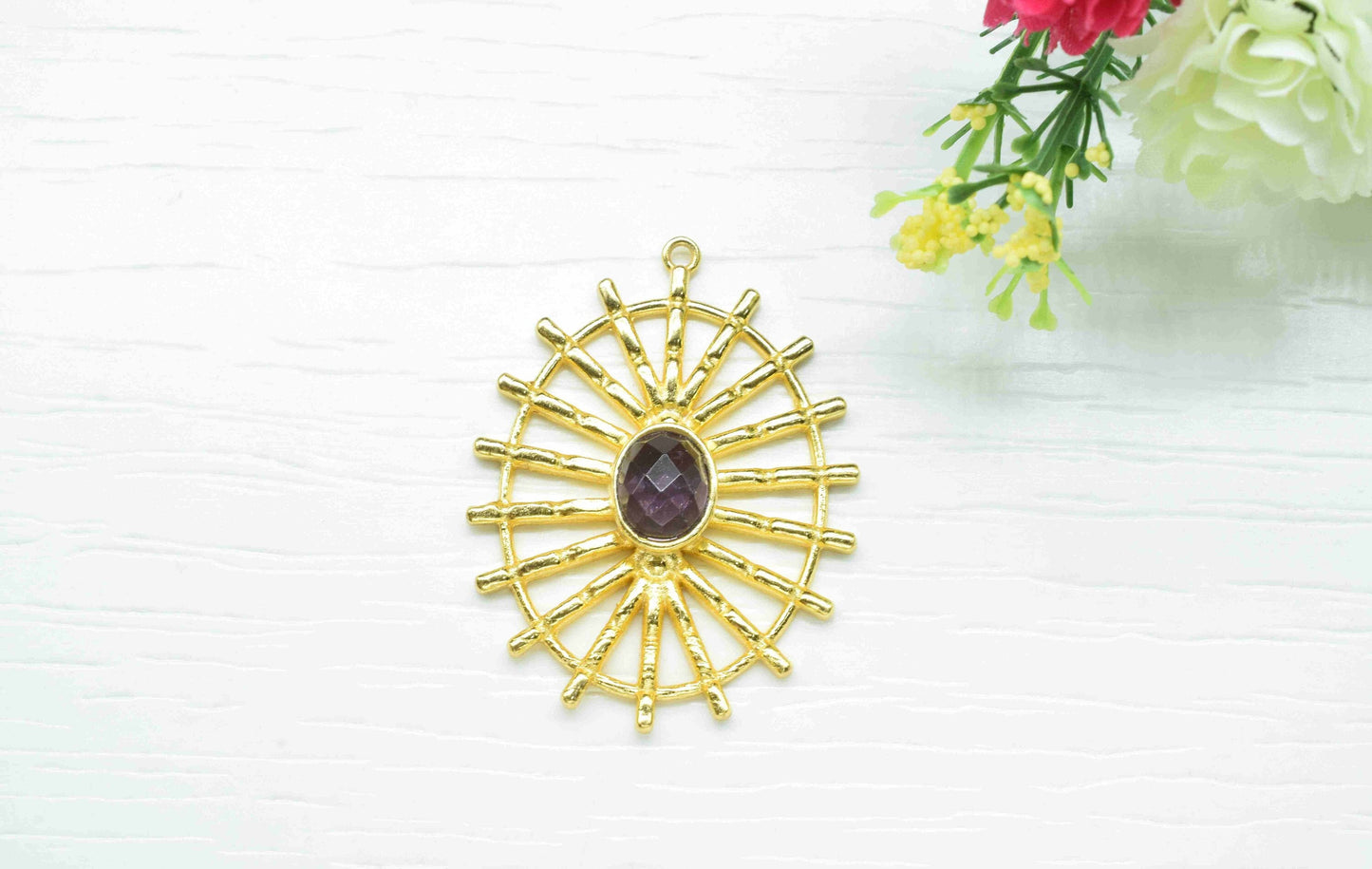 Amethyst Gemstone Component Single Bail Charm, Amethyst Connector Pendant,Finding Gold Plated Connectors ,Pendant Jewelry, Earring Component