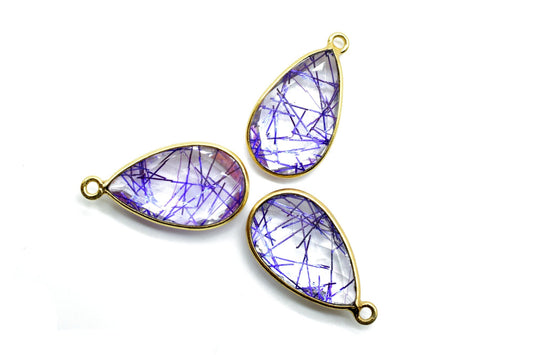 Blue Rutile 12x20mm Pear shape charm,Rutile Pear pendant,Rutile Gold Plated bezel,jewelry making charms craft,Rutile Birthstone charm,jewels