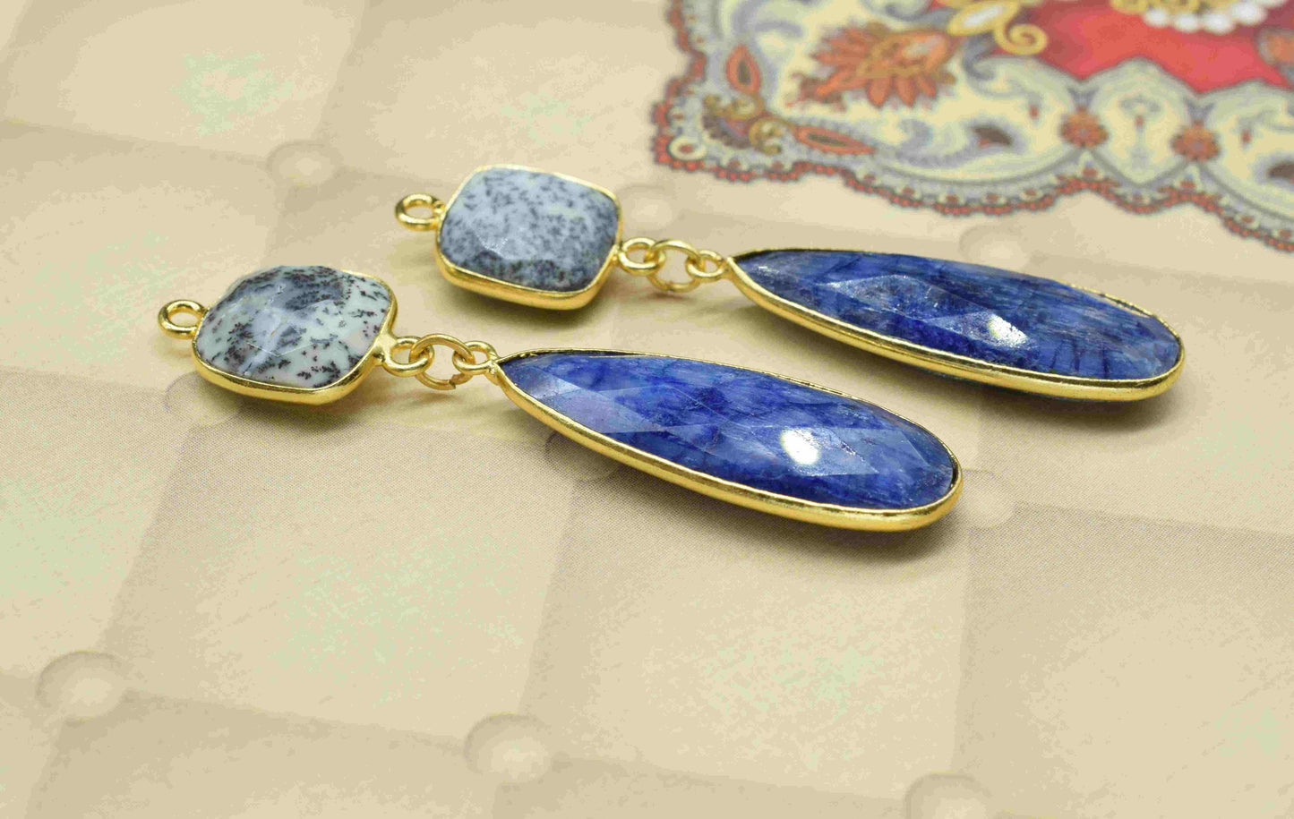 Multi Gemstone Dangle pendant Charms,Blue Sapphire pendant Connector,Dendrite Dangle Earring,Handmade pendant,Station Link,Component jewelry