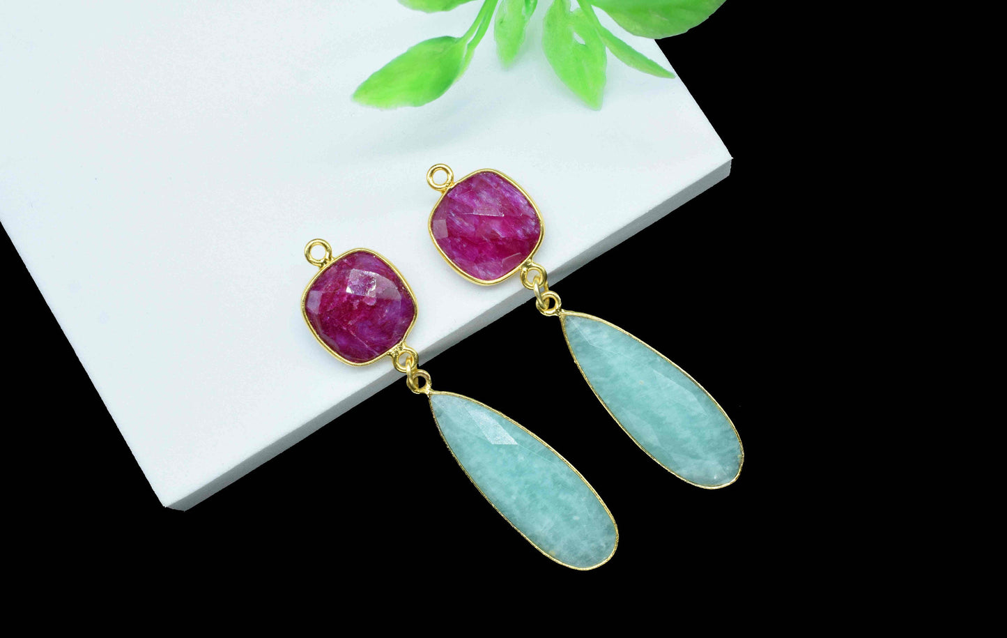Multi Gemstone Dangle pendant Charms,Amazonite pendant Connector,Ruby Dangle Earring,Handmade pendant,Station Bezel Link,Component jewelry