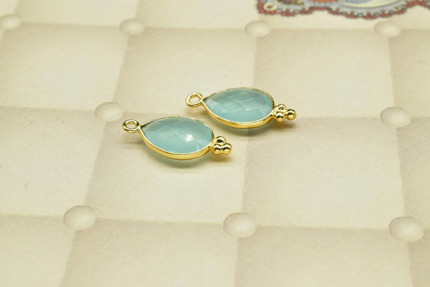 Aqua Chalcedony 10x14mm Pear Shape Gold Plating Bezel,Aqua chalcedony Single Bail Charms Jewelry,Aqua Chalcedony Faceted Bezels Charms,Gift