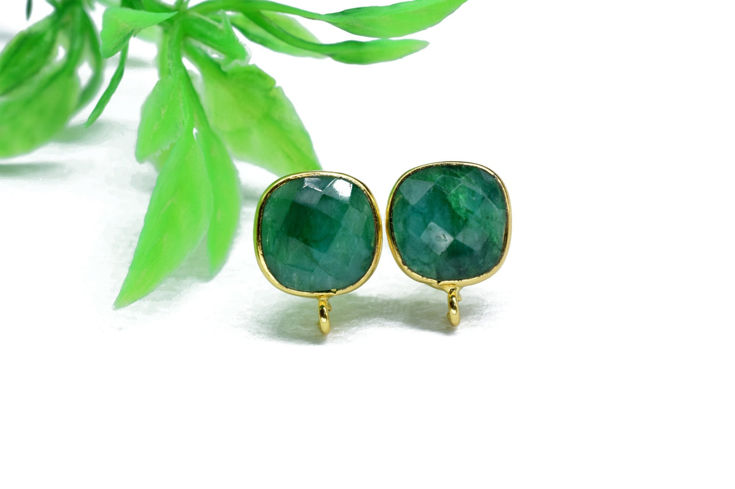 Emerald 10mm Cushion Earring Connector,Jewelry Making Supply,Emerald connector post stud,Gold Plated Earring Connector,Emerald Earring links