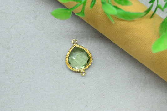 Green Amethyst Charms Double Bail Pendant,Green Amethyst Brass connector Gold Plating Jewelry Making,Amethyst Quartz 14mm Heart Shape charms
