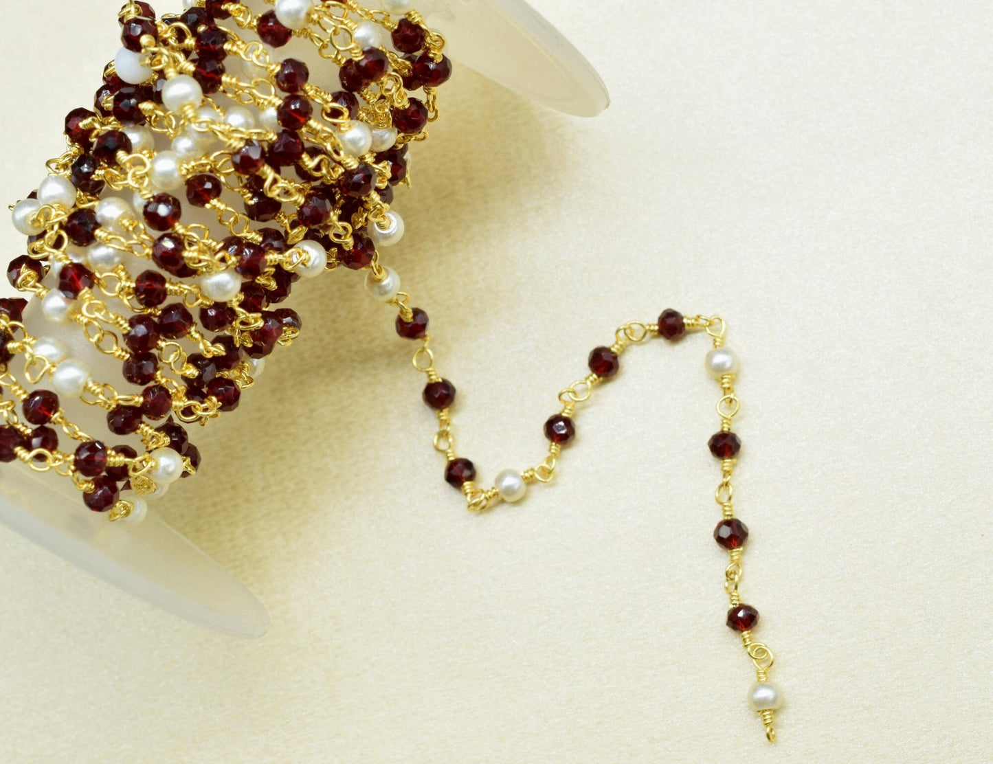 Garnet Hydro Faceted Rondelle Beaded Rosary Chain,Jewelery Making Craft,Finding Chain,Pearl Wire Wrap Rosary Chain,Gold Plated Rosary Chain