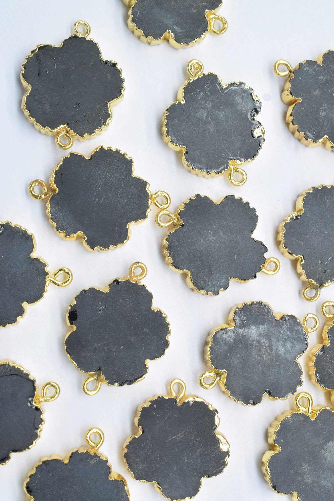 Black Onyx bracelet charm Pendants,Handmade Flower Pendant,Necklace Connectors Jewelry,Gemstone Electroplated Charm,Double Bail Connector