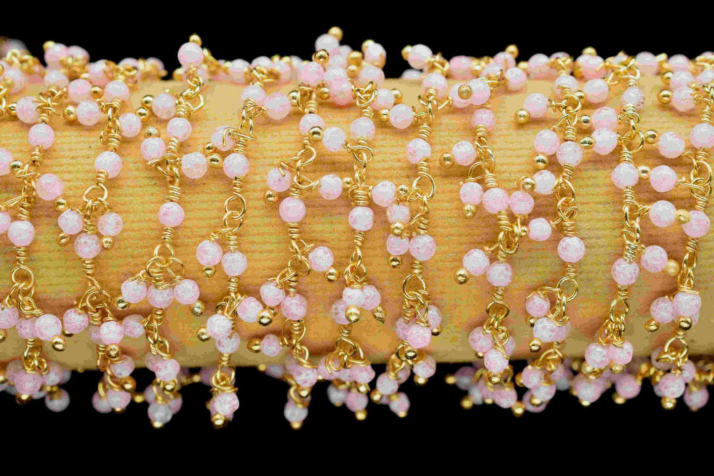 Natural Rose Quartz 2mm Round Cluster Bead Chain,Exceptional Pink Quartz Cluster Rosary,Gold Plated Wire Rosary Bead,Jewelry Making Supplies