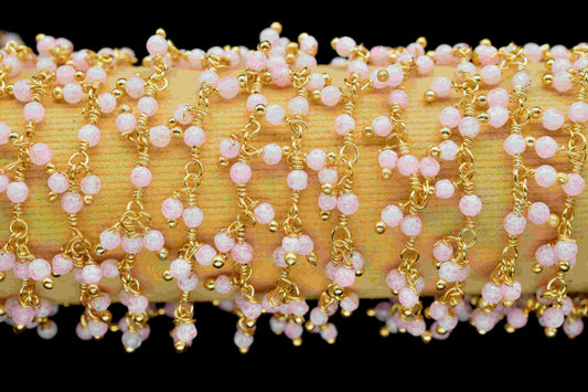 Natural Rose Quartz 2mm Round Cluster Bead Chain,Exceptional Pink Quartz Cluster Rosary,Gold Plated Wire Rosary Bead,Jewelry Making Supplies