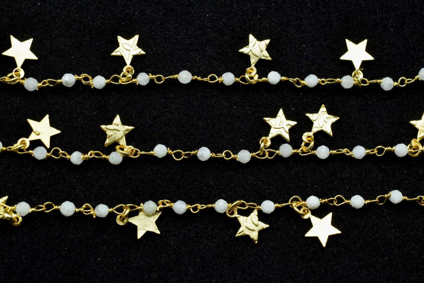 Moonstone 2mm Beaded & Star Charm Chain,Moonstone Rosary Chains,Moonstone Gold Plating Wire Wrap Chain,Brass chain,Jewelry Making Chains