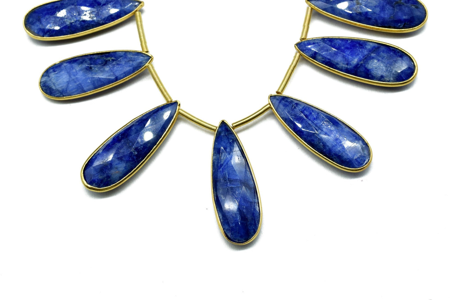 Blue Sapphire 10x30mm Bezel charm 7 pieces strand,Brass Gold Plated bezel,Teardrop Light Gold Bezel Trim Edge Faceted Gemstone,bezel strands