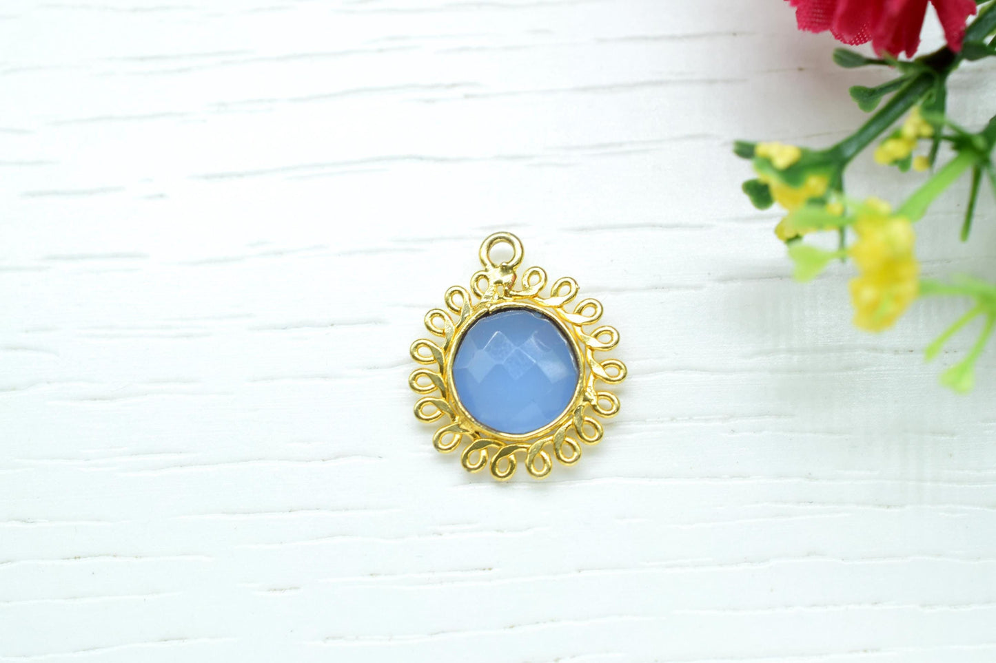 Blue Chalcedony 10mm Round Bezel Charm,Gemstone Brass Component,Single Bail Pendant,Round Faceted charms,Handmade Jewellery Connector,Gift