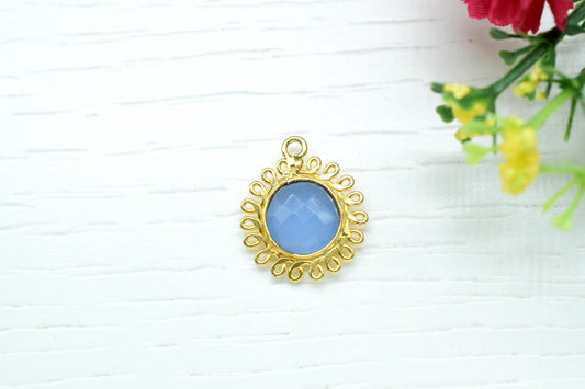 Blue Chalcedony 10mm Round Bezel Charm,Gemstone Brass Component,Single Bail Pendant,Round Faceted charms,Handmade Jewellery Connector,Gift