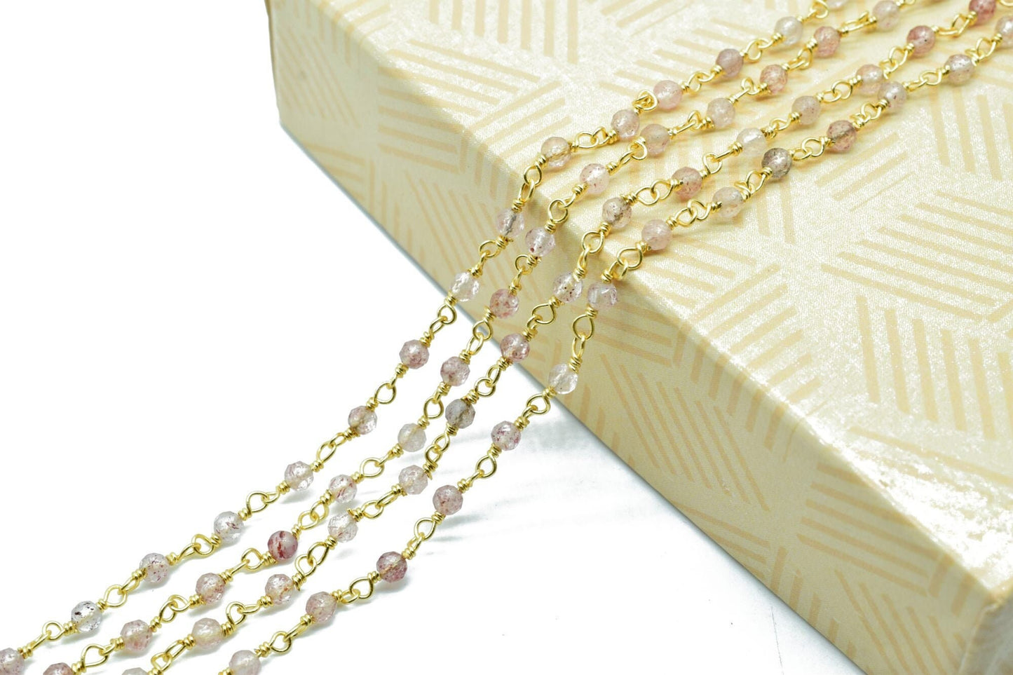 Berry Quartz 3mm Beaded Chain,Berry Quartz wire wrapped chain,Gold chain,rosary chain,jewelry making supplies,Gold Plated Wire Wrapped Chain