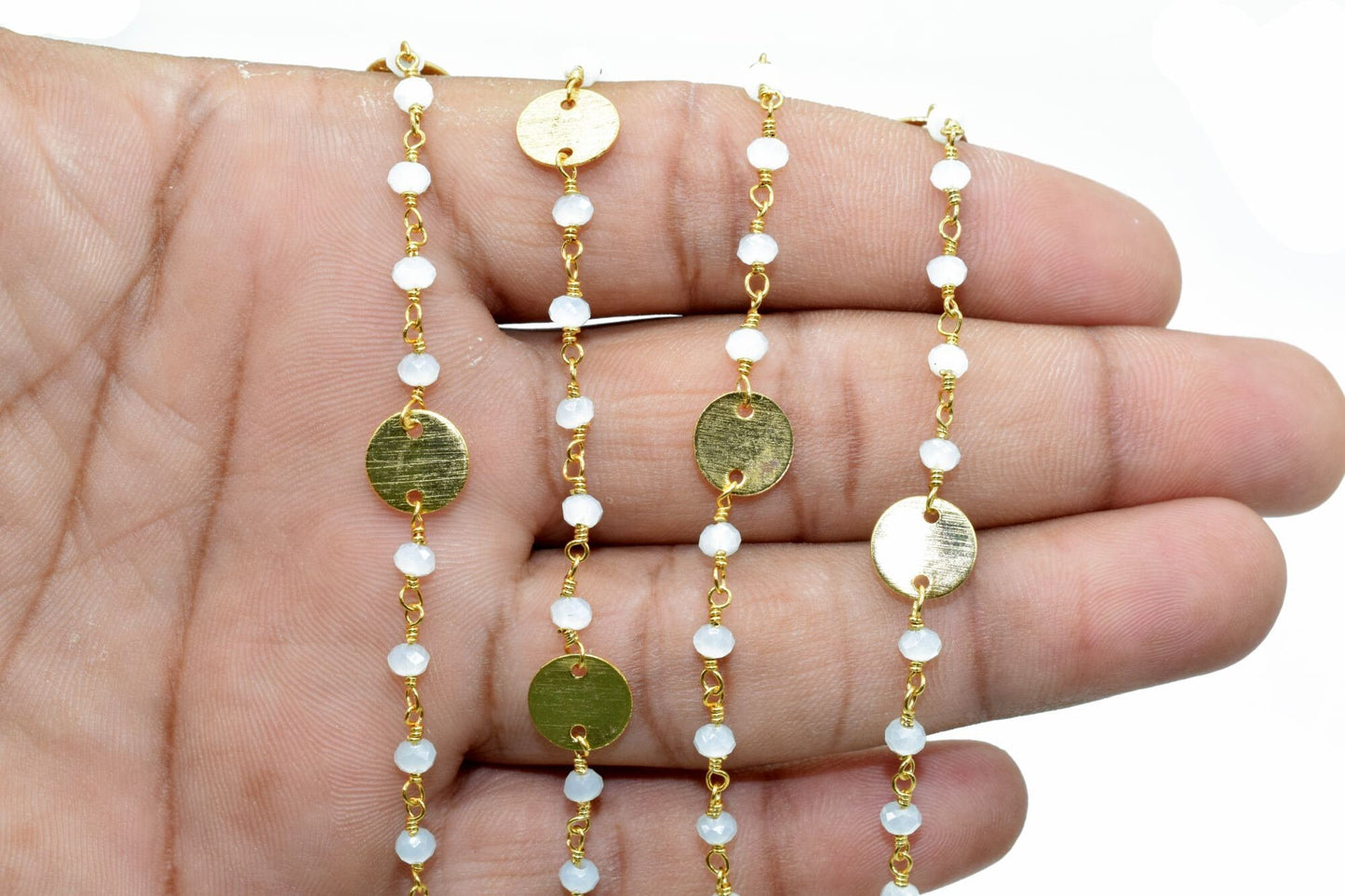 Aqua Chalcedony 3-3.5mm Rondelle Faceted circle Charm,24K Gold Plated Rosary Chain,Chalcedony Beaded Chain,Beaded Gold Plated Wire Wrapped