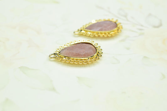 Peach Moonstone 12x20mm Teardrop Bezel Charms,Gemstone Brass Component,Wholesale Jewelry,Single Bail Pendant,Handmade Jewellery Connectors