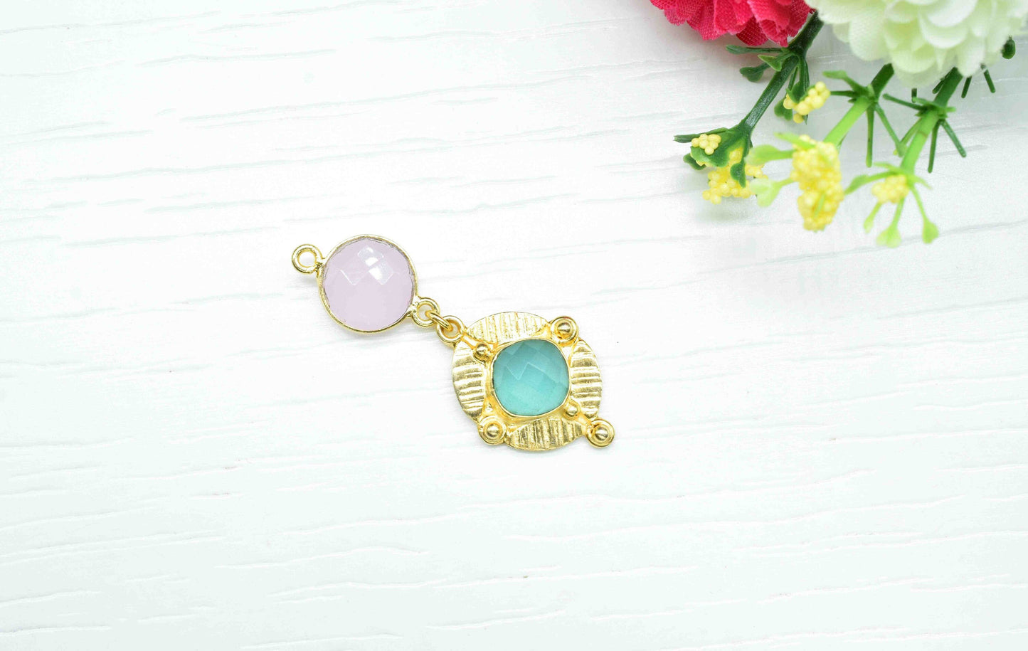Aqua Chalcedony Pendant Charms , Rose Quartz  Dangle Earring Component , Multi Gemstone Dangle Earring , Component Jewelry , B'day Gift