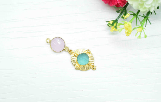 Aqua Chalcedony Pendant Charms , Rose Quartz  Dangle Earring Component , Multi Gemstone Dangle Earring , Component Jewelry , B'day Gift