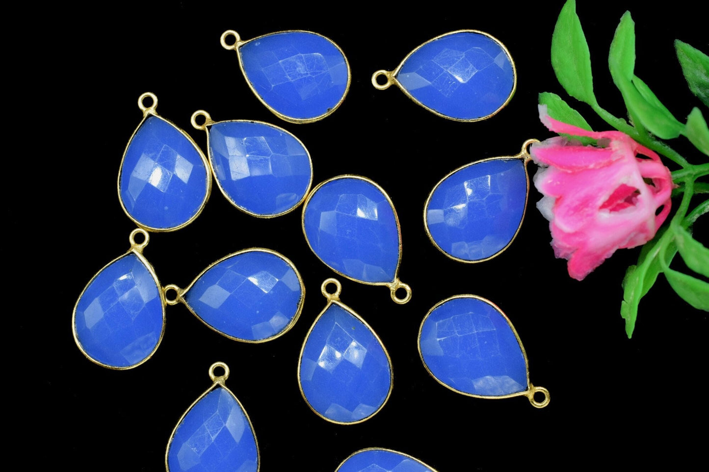 Blue Chalcedony 12x16mm Pear shape charm,blue Chalcedony Gold Plated Connector Jewelry,Blue Chalcedony Single Bail Connector,Blue Charm Gift