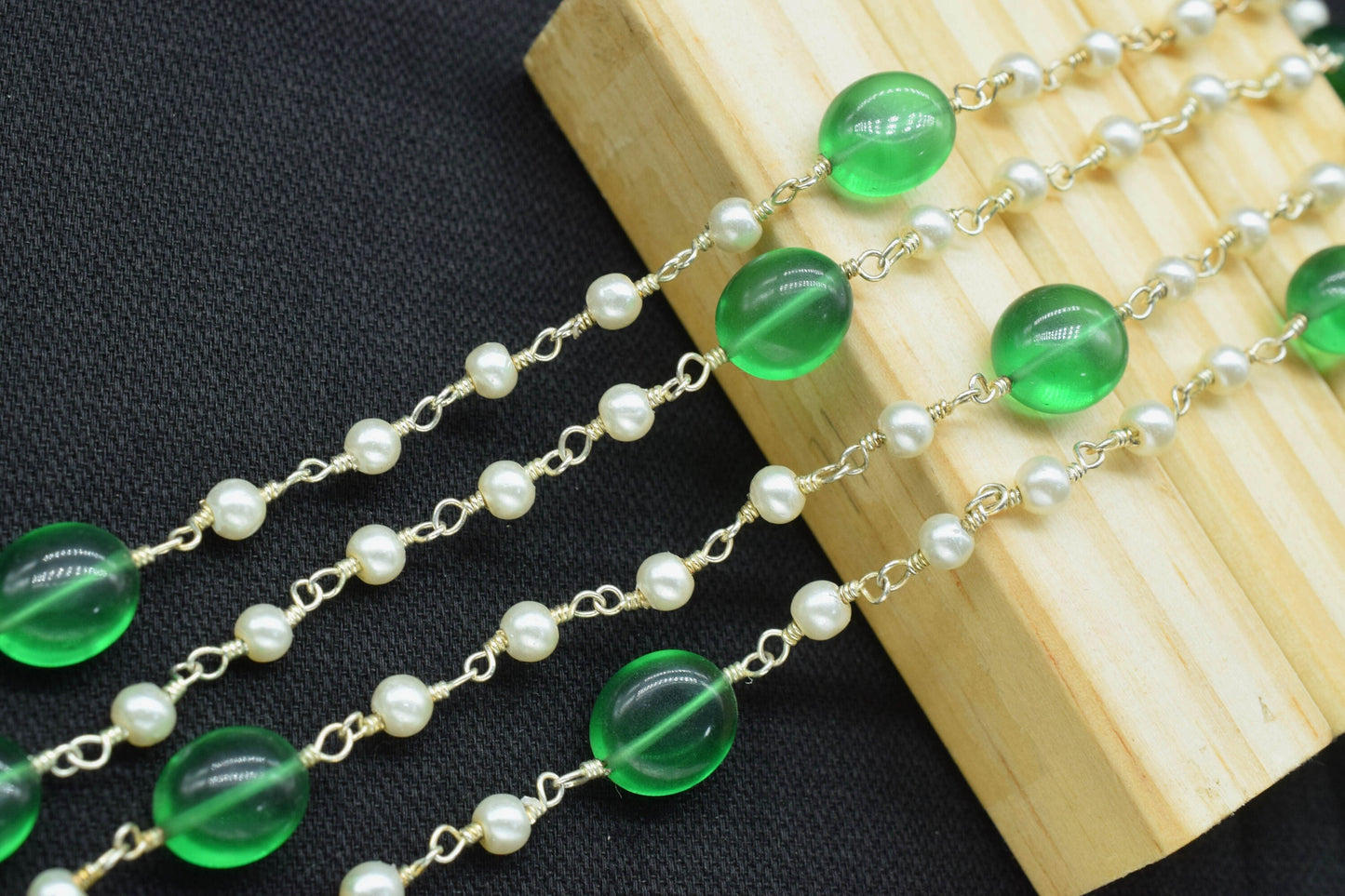 Emerald Quartz Oval Shape Rosary Chain,Pearl Beaded Rosary Chain,Finding Wire Wrap Necklace Chain,Pearl Rosary Chain,Jewelry Making Gift For