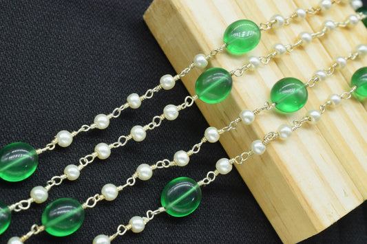 Emerald Quartz Oval Shape Rosary Chain,Pearl Beaded Rosary Chain,Finding Wire Wrap Necklace Chain,Pearl Rosary Chain,Jewelry Making Gift For