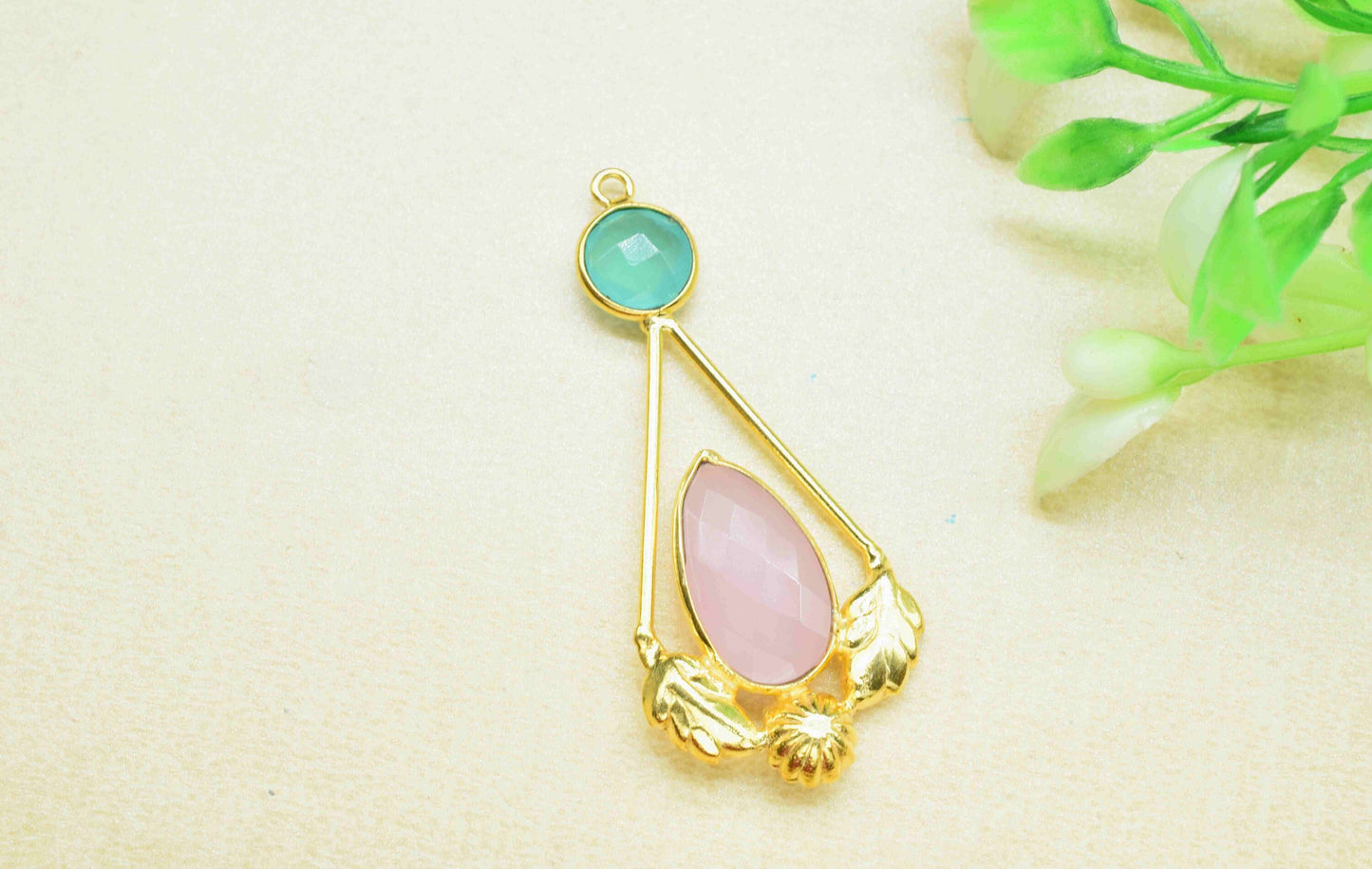 Aqua Chalcedony Gemstone Pendant ,Rose Quartz Handmade Pendant , Multi Gemstone Charms , Gold Plated Gemstone Connectors , Summer Collection