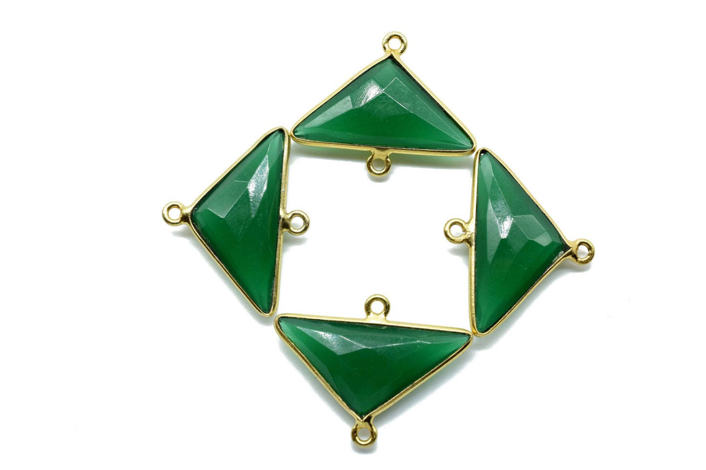 Green Onyx 12x25mm Triangle shape double loop charm,Brass Gold Plated bezel,Green Onyx Faceted Connector,Green Onyx Bezel Pendant, jewelry