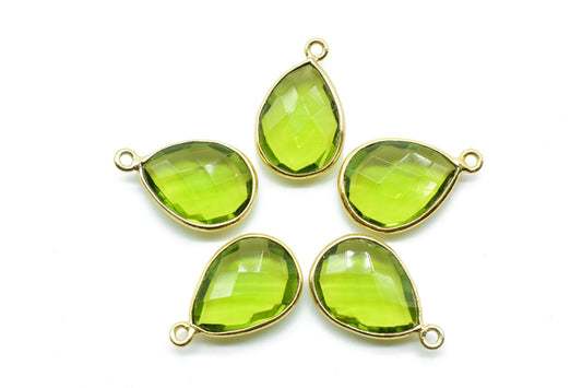 Peridot 12x16mm Teardrop Bezel charm,Elegant Peridot Gemstone Components Pear Shape Connectors,Single Bail Over Brass Gold Edge Jewelry