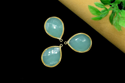 Aqua Chalcedony Faceted Bezels Charms,Aqua chalcedony Single Bail Charms Jewelry,Aqua Chalcedony 18x23mm Pear Shape Gold Plating Bezel,Gift