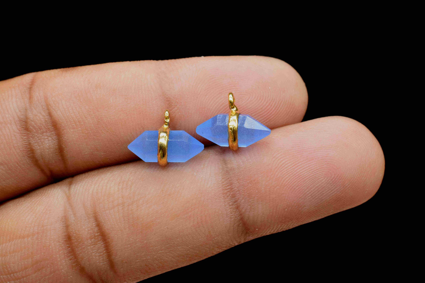 Natural Blue Chalcedony Faceted Double Terminated Points Pendant,Chalcedony 5x12mm Single Bail Pendant Jewelry,Gold Plated Band Pendant,Gift