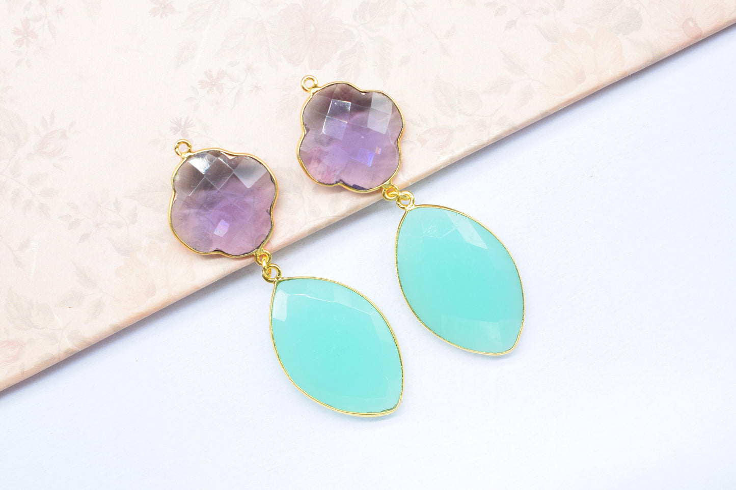 Amethyst Bezel Charms Connector/Aqua Chalcedony Connector Jewelry/Earring Connector/Station Bezel Link Pendant/Handmade Jewelry/B'day Gift