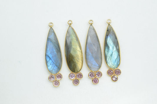 Labradorite 10x30mm Pear shape Bezel charms,Labradorite Pendant,Grey Gemstone connector,Labradorite Jewelry,Cubic zirconia Bezel charm,P121
