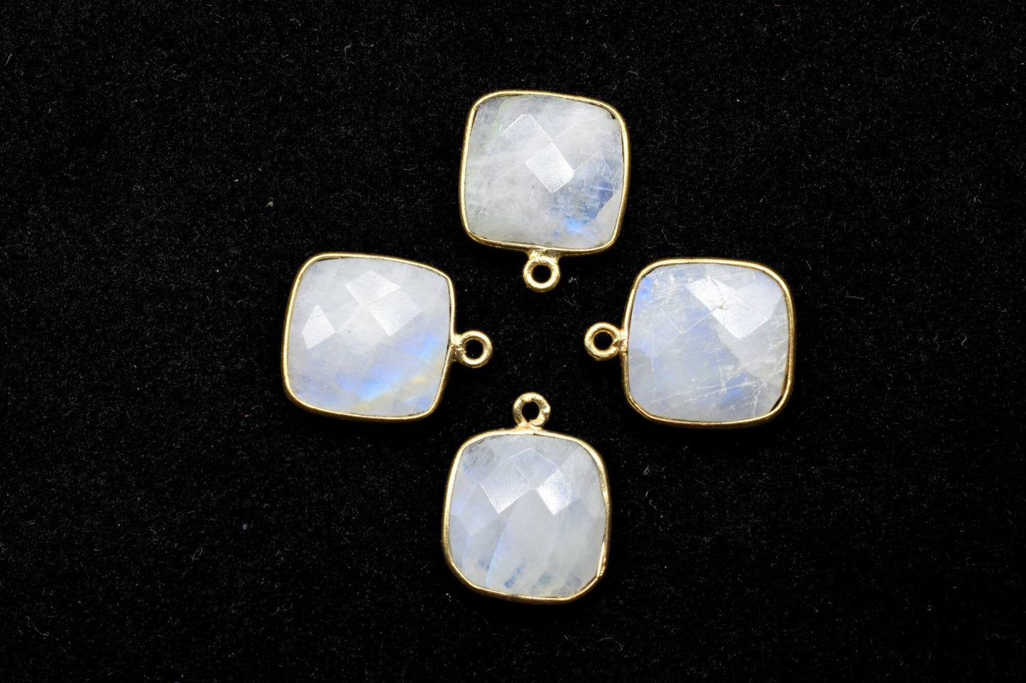 Moonstone 14mm Cushion Bezel charm,Elegant Moonstone Gemstone Components Cushion Shape Connectors,Single Bail Over Brass Gold Edge Jewelry